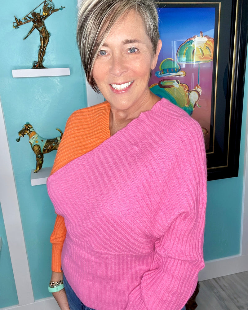 Pink & Orange Crossover VNeck Long Sleeve Ribbed Sweater