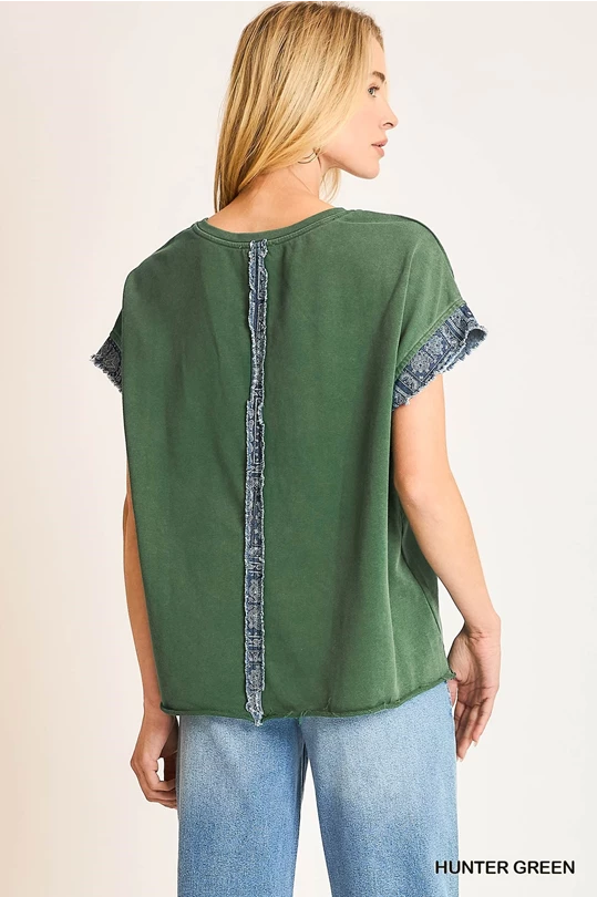 Green Mineral Wash Peace Paisley Patch Short Sleeve Top