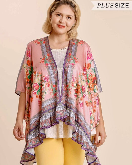 Plus Size Open Front Pink Floral Mix Print Side Slit Kimono