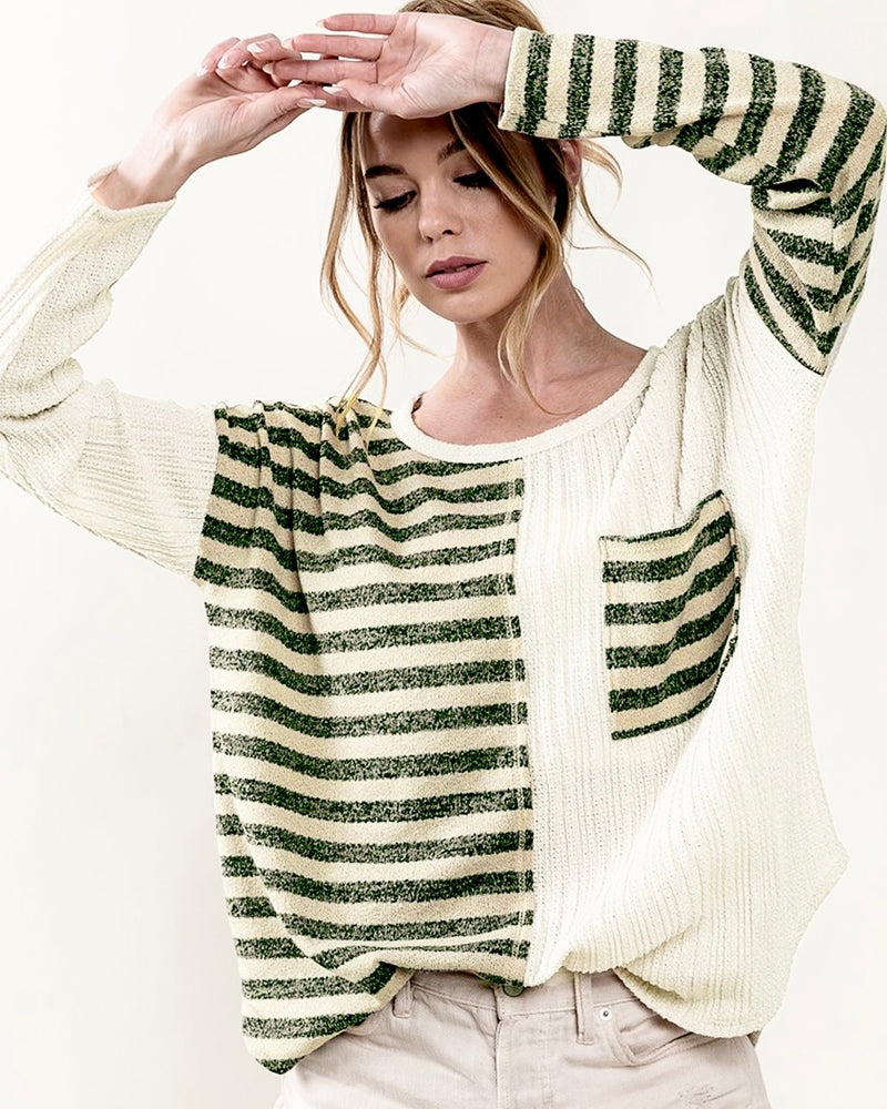 Cream Light Knit Patch Striped Textured Long Sleeve Loose Fit Top