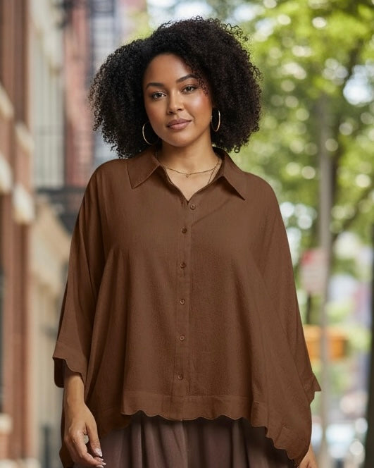Plus Size Solid Espresso Brown 3/4 Scallop Sleeve Button Down Blouse