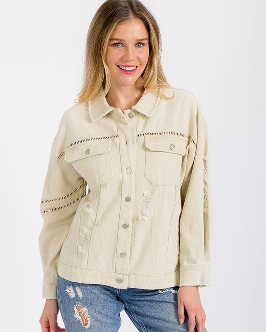 Light Cream Khaki Distressed Button Down Lattice Detailed Long Sleeve Jacket