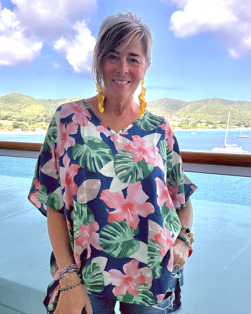 Blue Tropical Boxy Blouse with Large Pink and Green Floral Prints