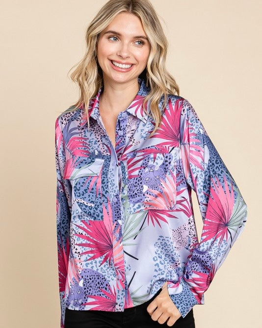 Blue, Lilac Purple & Pink Satin Long Sleeve Button Down Collared Blouse