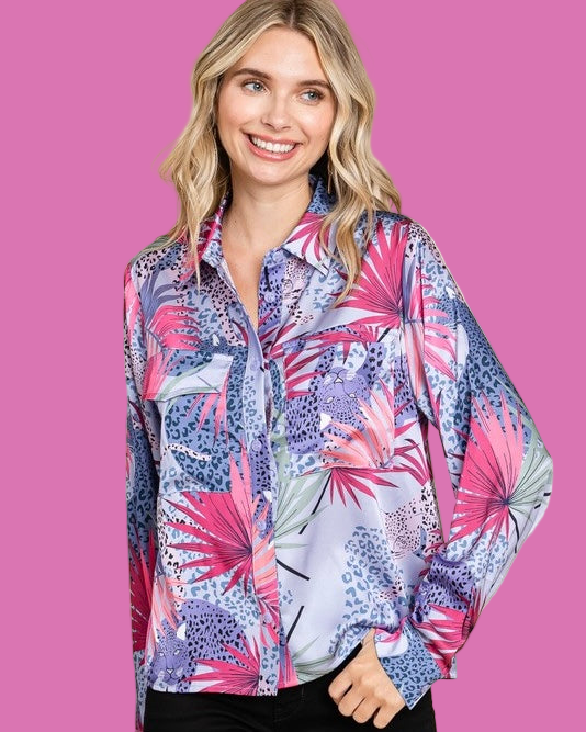 Blue, Lilac Purple & Pink Satin Long Sleeve Button Down Collared Blouse