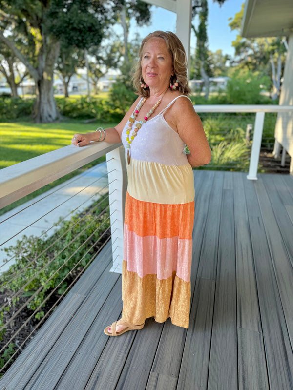 Multicolor Washed Lavender, Orange & Rose Tiered Block Cami Midi Spaghetti Strap Sundress