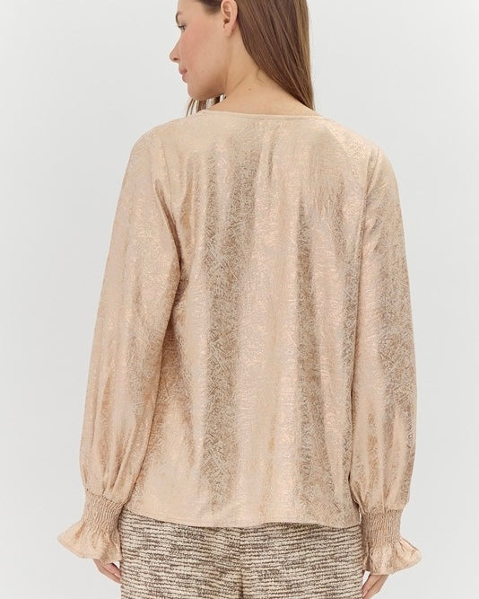 Gold Shimmer Metallic V Neck Long Smock Ruffle Sleeve Blouse Top