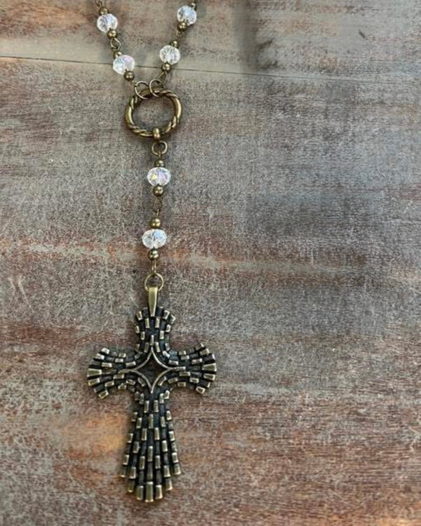 Clear Bead Brass Link Drop Cross Pendant Necklace
