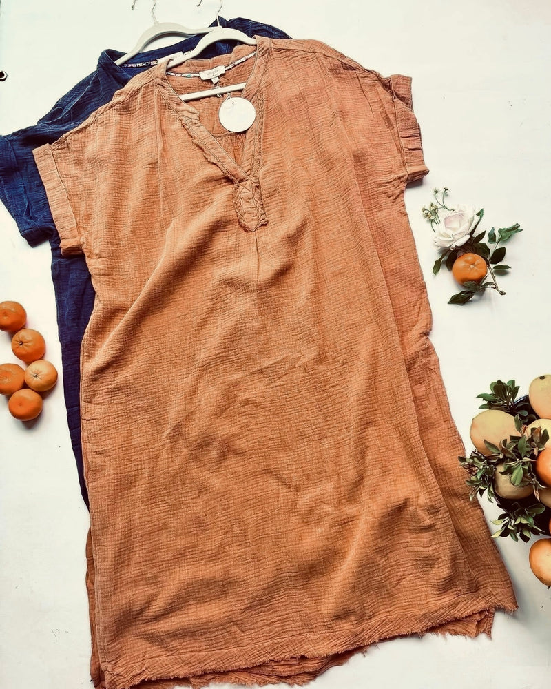 Plus Size Camel Brown Short Cap. Sleeve Open VNeck Gauze Fray Hem Midi Dress