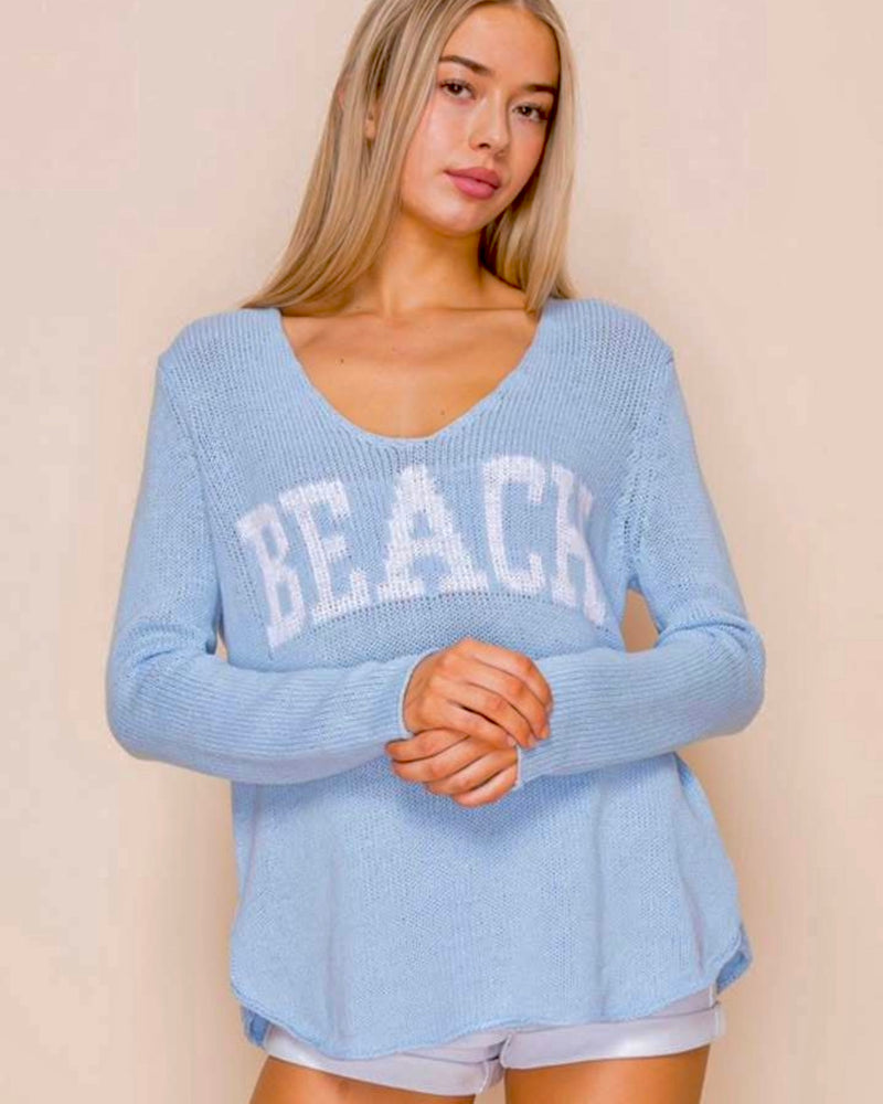 Blue w/White “Beach” on Front Lightweight Long Sleeve Sweater