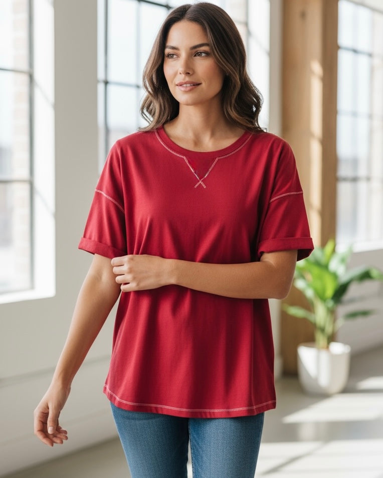 Solid Red Raw Edge Outside Stitch Short Roll Sleeve Top