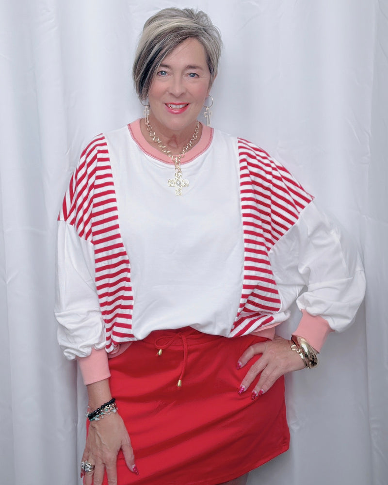 White with Red Stripe Long Sleeve Oversize Pullover Sweatshirt Top