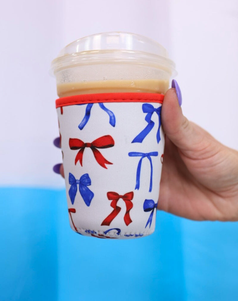 Tropical, Leopard or RWB Bow Drink Sleeve Ice Coffee Koozie