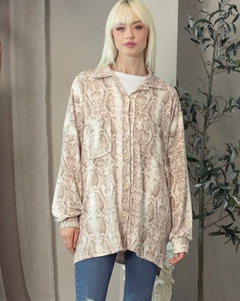 Plus Size Taupe Snake Print Button Down Long Sleeve Brushed Fleece Shacket Top