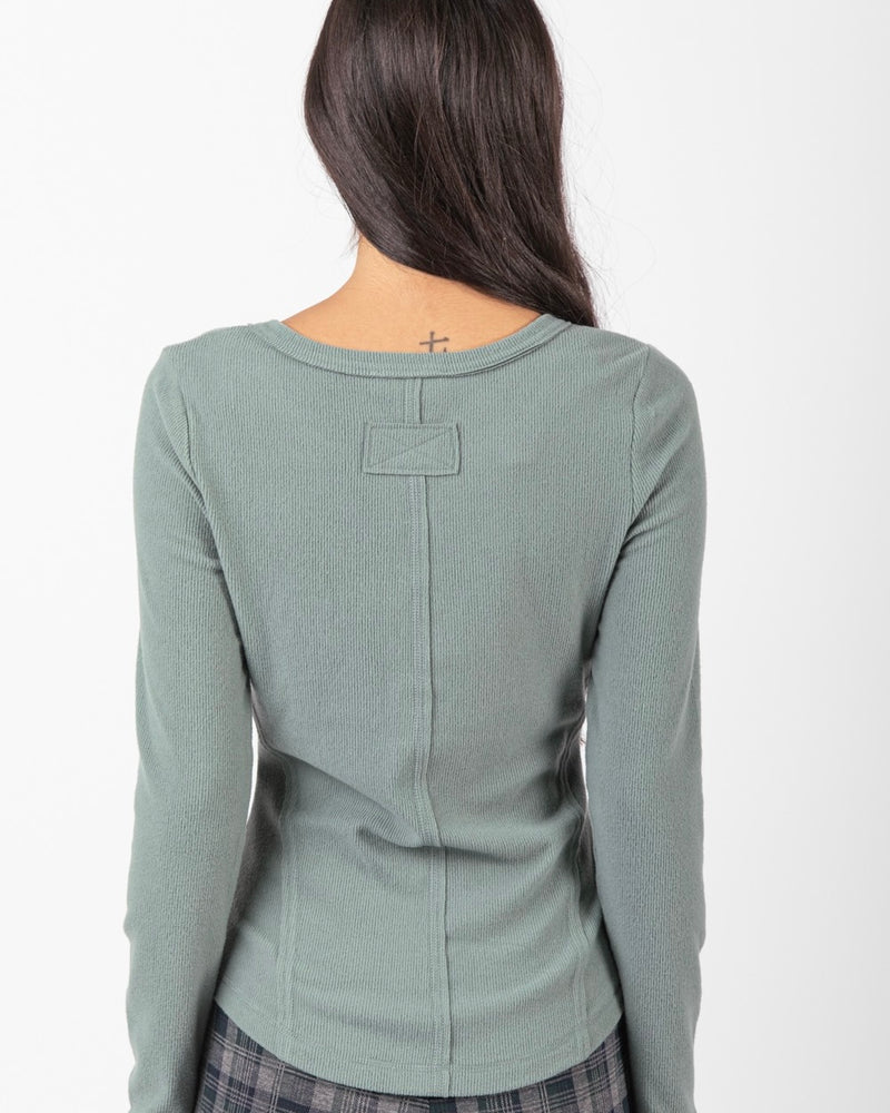 Sage Green & Salmon Thermal Henley Button Front Outside Stitch Top