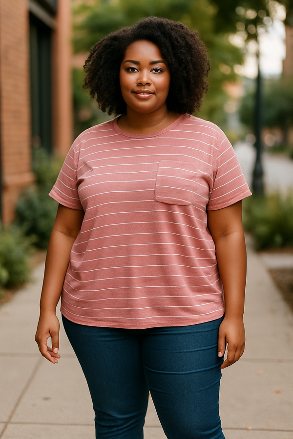 Plus Size Pink Stripe Short Sleeve Pullover Top