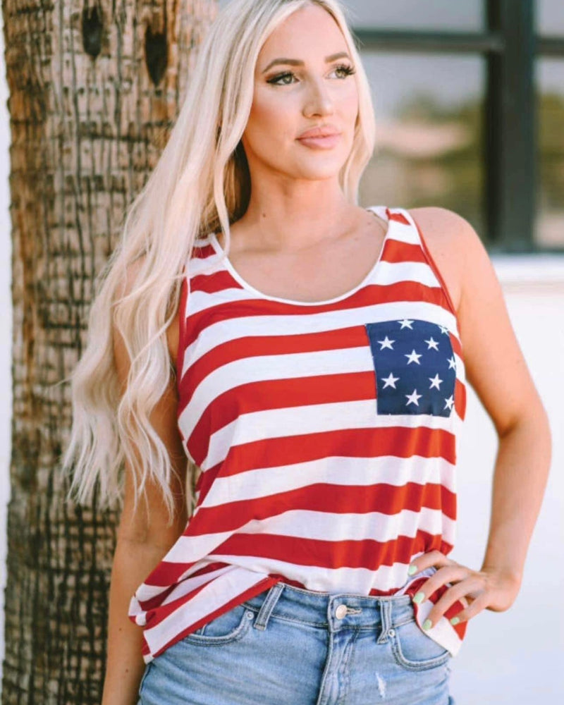 S-2X RWB USA Patriotic Tank Top Red Stripes USA Star Pocket