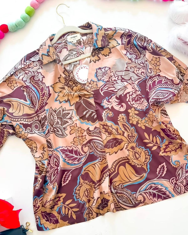 Brown on Brown & Blue Satin 3/4 Sleeve Open VNeck Blouse
