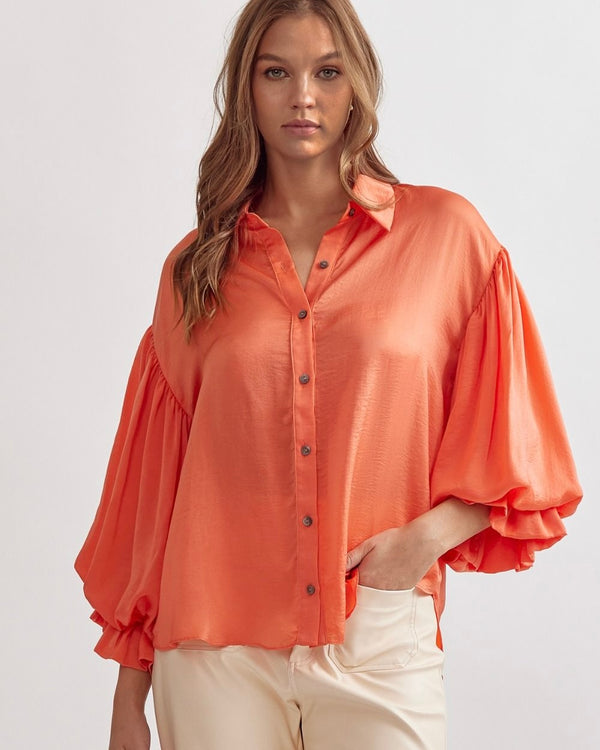 Satin Pink, Lilac or Tangerine Button Down Collared Bubble 3/4 Sleeve Blouse Top