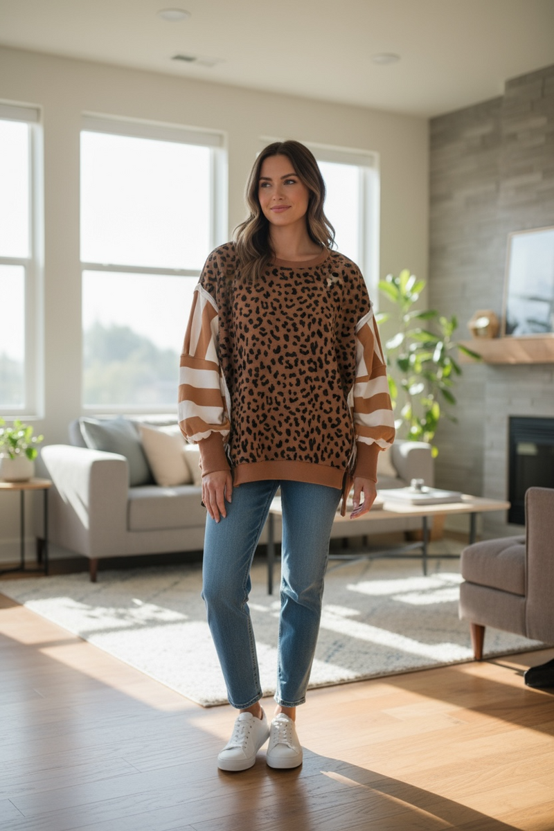 Brown Leopard with Contrasting Purple & Brown or Brown & White Stripe Long Sleeve Oversize Sweatshirt Top