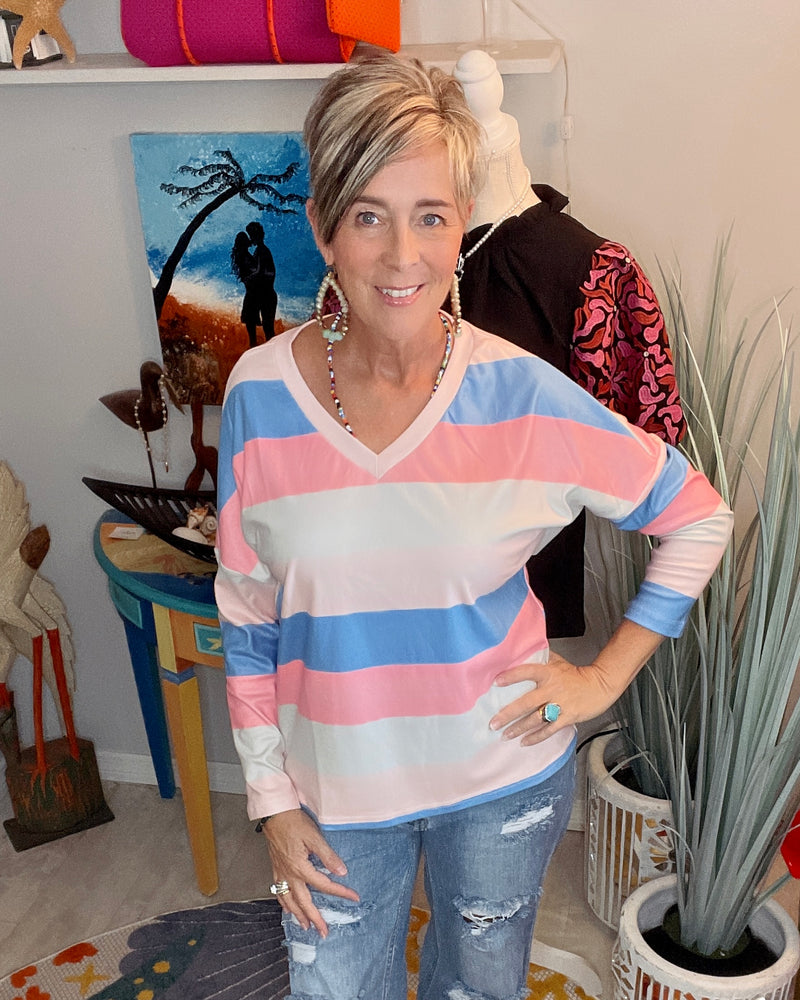 Pastel Rainbow Striped Pullover VNeck Long Sleeve T-Shirt Top
