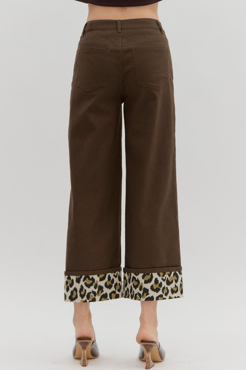 Brown or Khaki Leopard Cuff High Waist Button Fly Wide Leg Pants