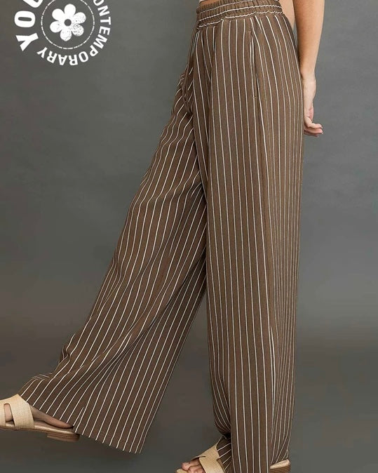 Brown Stripe Pull On Elastic Waist Wide Straight Leg Pant