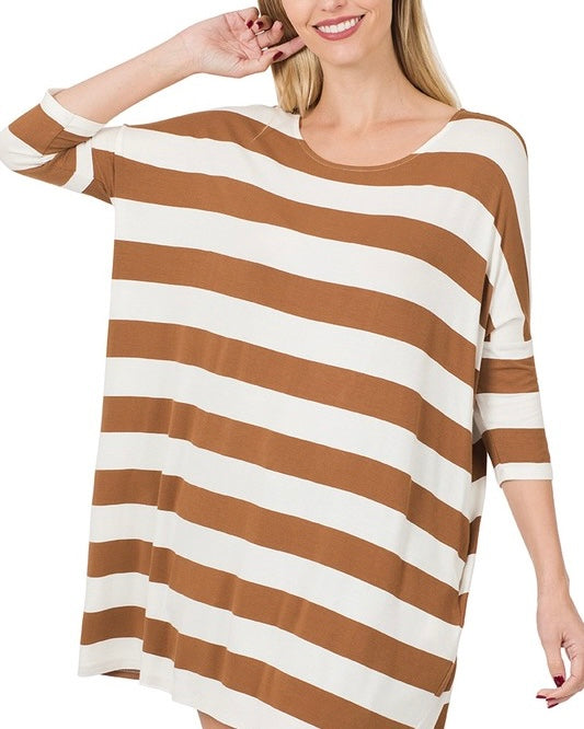 Brown & White Bold Striped Pullover Long Dolman Sleeve Tunic Top