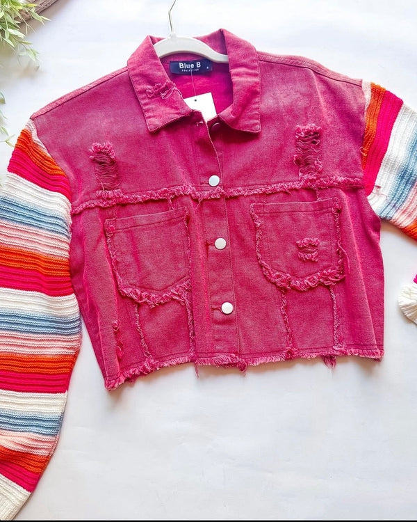 Red Denim Crop Jacket w/Multicolor Long Sleeve Sweater Sleeves
