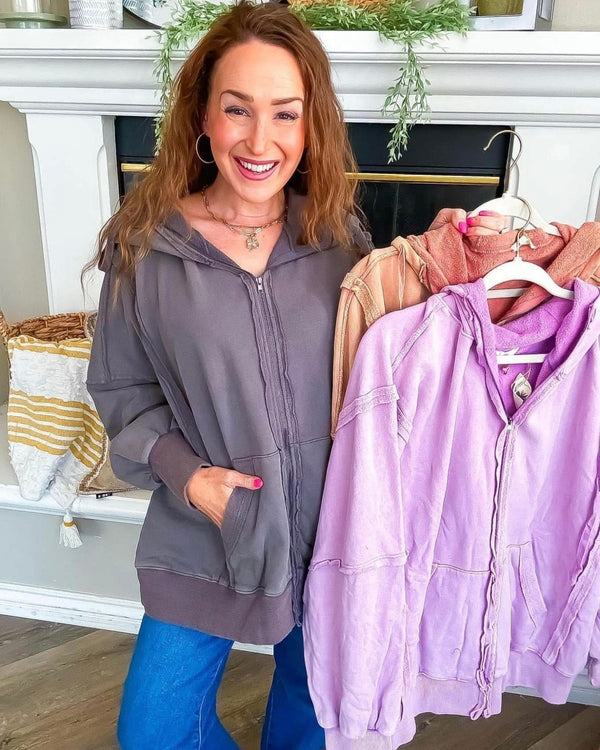 Mineral Wash Lilac Purple Zip Front Side Pockets Sweatshirt Jacket