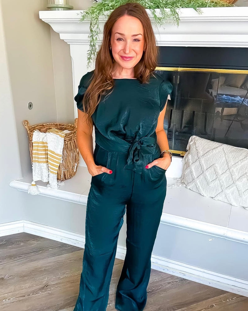 Emerald Green Shimmer Short Cap Sleeve Holiday Party Jumpsuit Pantsuit