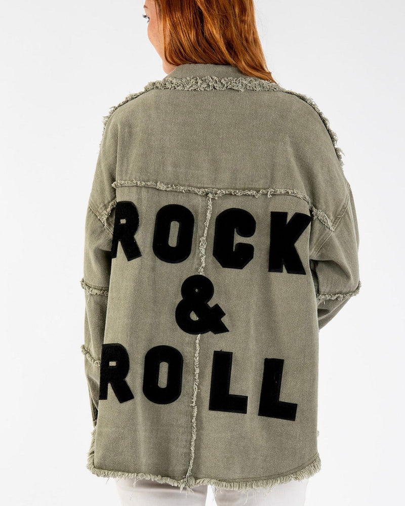 Rock & Roll Light Olive Army Green Frayed Raw Hem Long Sleeve Embroidery Jacket