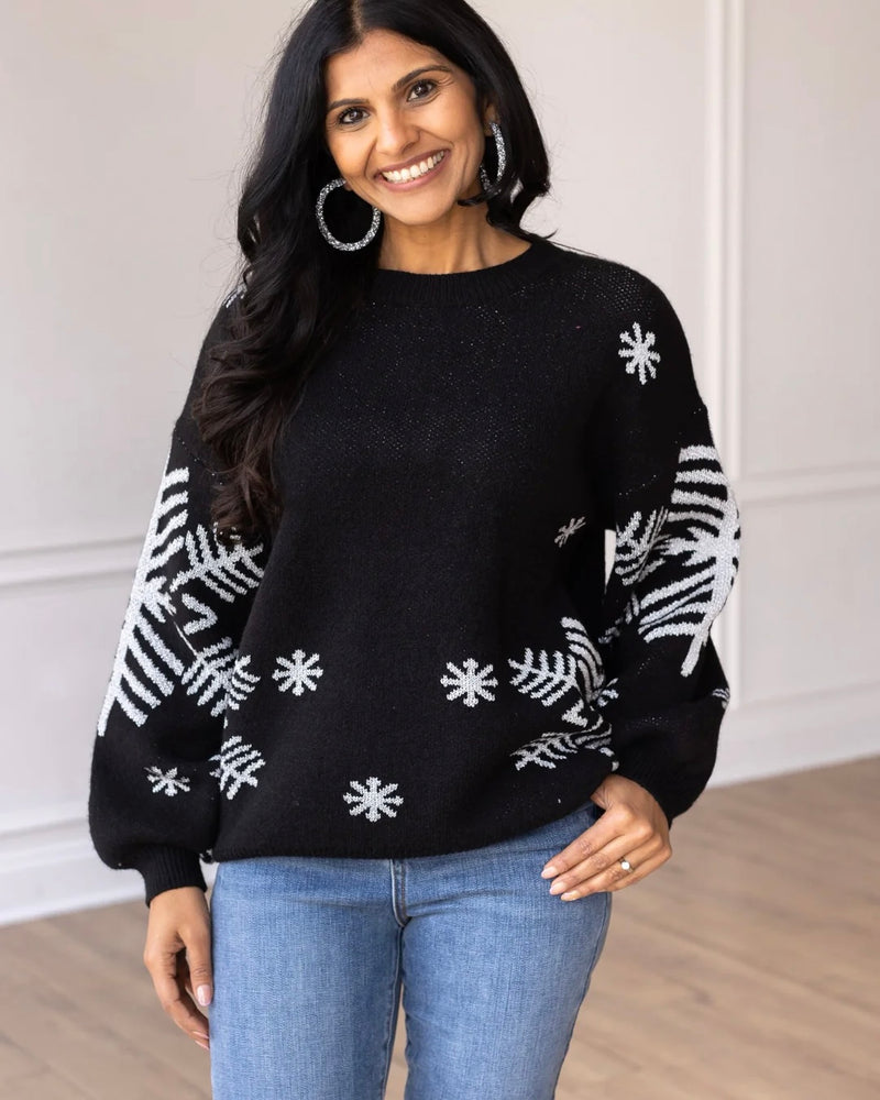 Plus Size Black Snowflake Winter Long Sleeve Sweater
