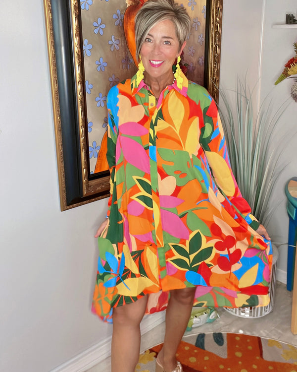 Bright Dress Multicolor Graphic Leaf Print Button Front Challis Skirt Dress in Orange, Yellow, Green, & Pink Abstract