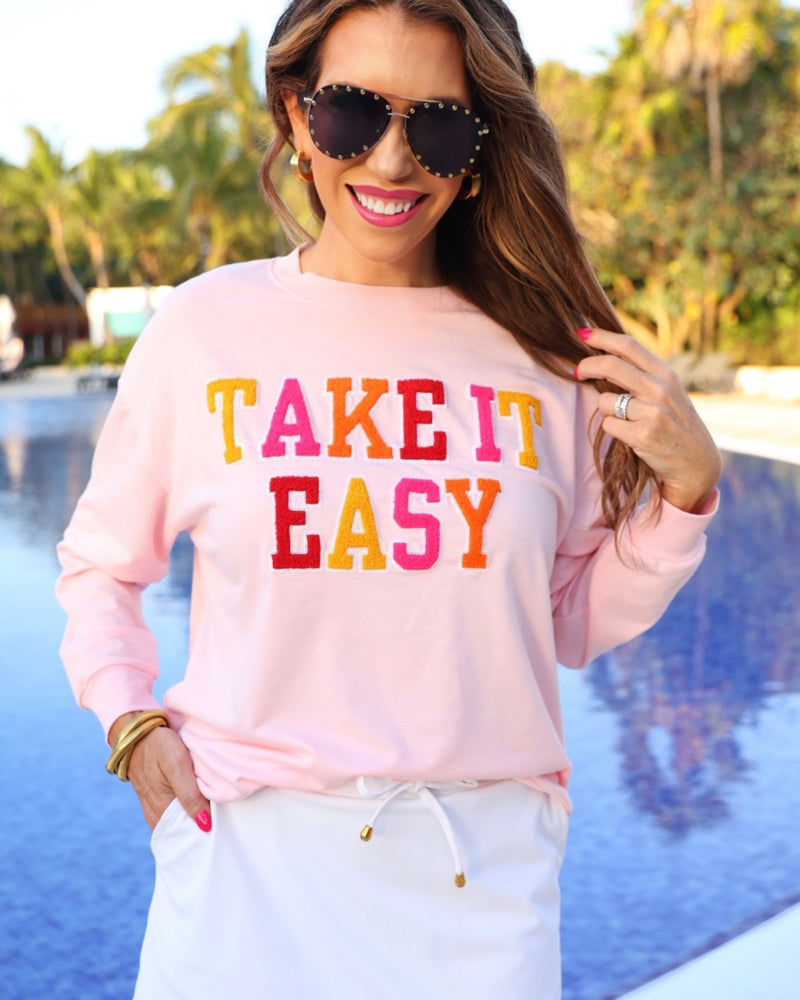 Pink "Take It Easy" Chenille Patch Long Sleeve Sweatshirt