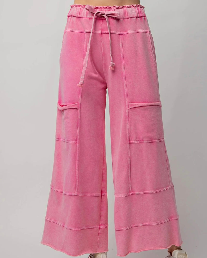 Pink, Purple/Plum or Green Mineral Washed Terry Knit Wide Leg Cargo Lounge Pants