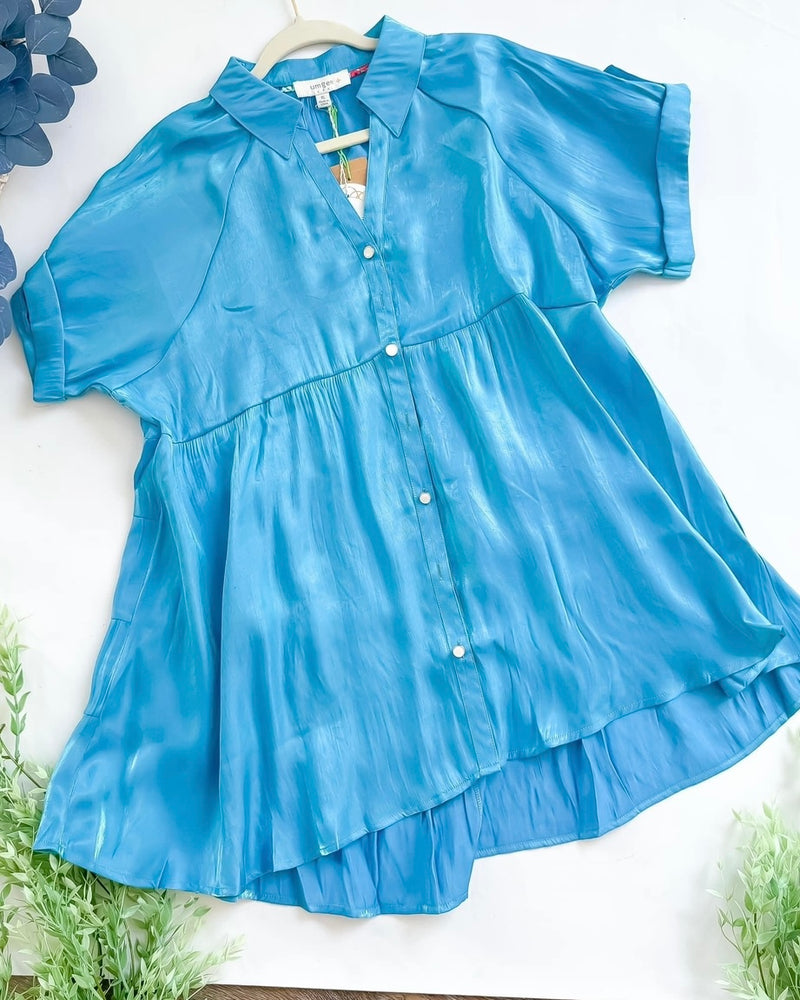 Blue Shimmer Short Cuffed Sleeve Tiered Tunic Collared Button Down Top