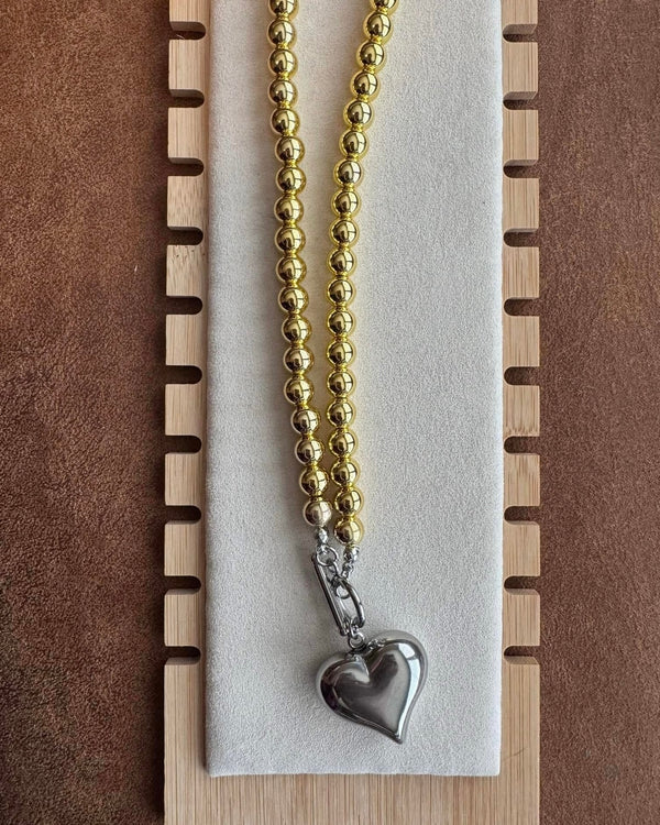 Silver Beaded Chunky Short Necklace with Gold Heart Pendant