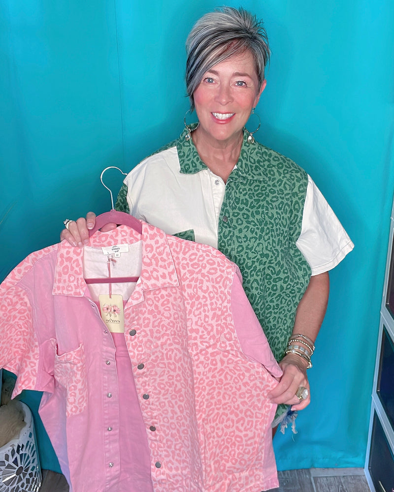 Faded Pink or Green & White Color Block Leopard Denim Shirt Shirket