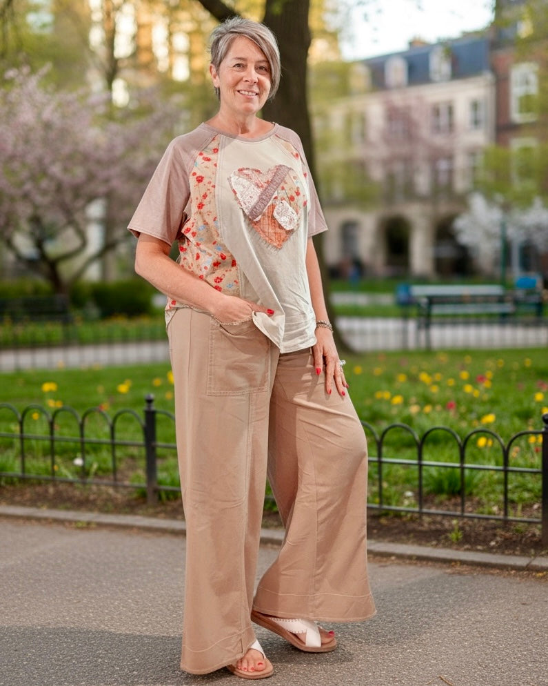 Brown & Khaki Heart Patch Mix & Match Mineral Wash Short Sleeve Top