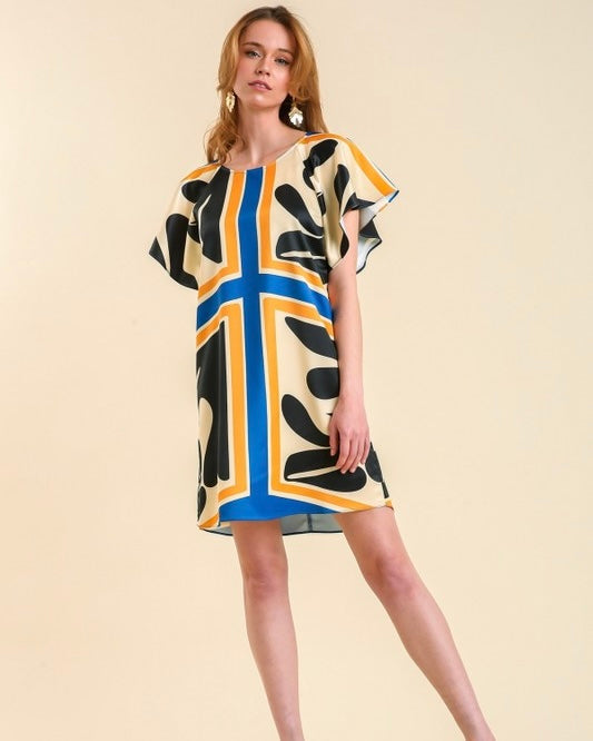 Cream, Gold, Blue & Black Abstract Satin Fabric Round Neck Short Ruffle Sleeve Dress
