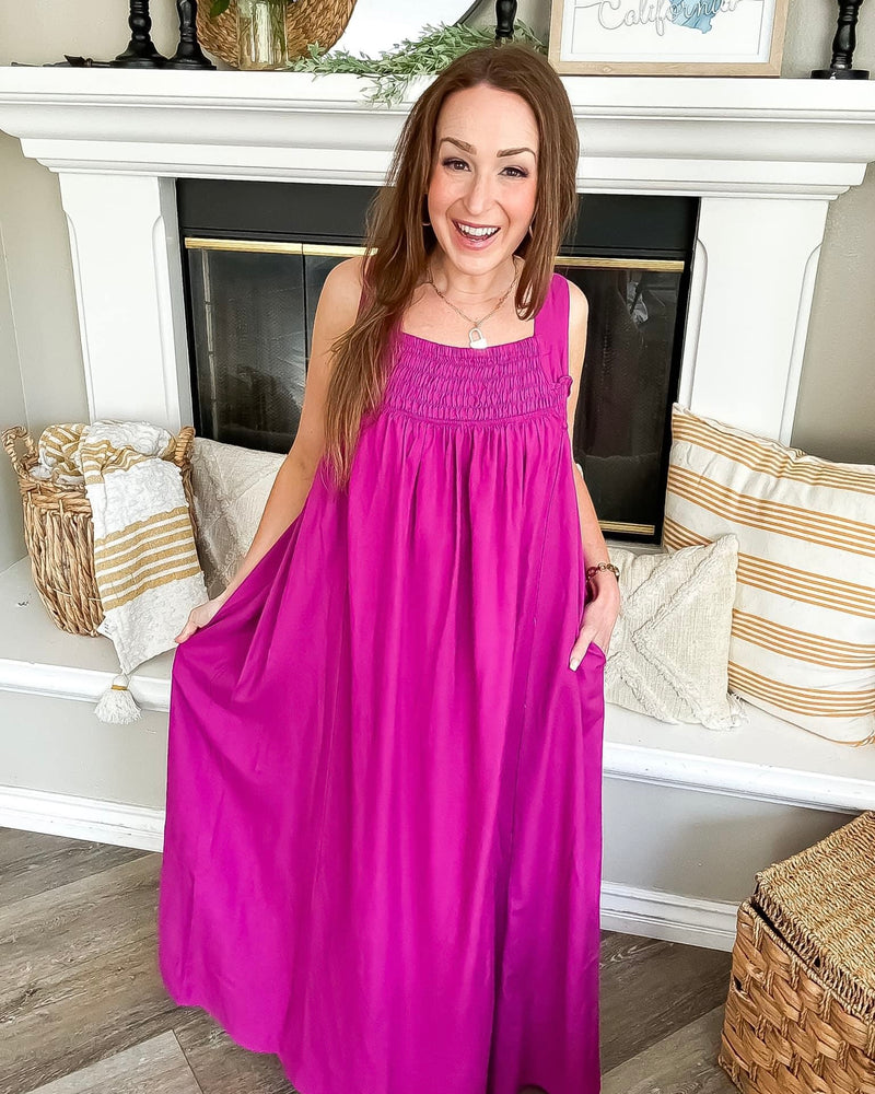 Solid Magenta or Brown Color Sleeveless Smock Wide Strap Maxi Dress