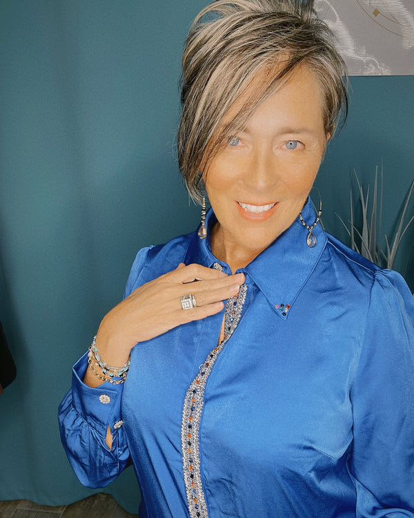 Royal Blue Rhinestone Detail Long Sleeve Blouse Top