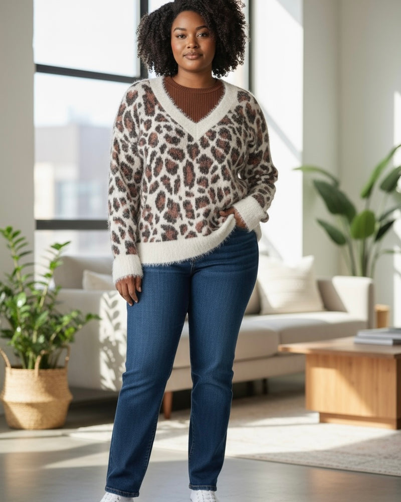 Plus Size White, Black & Brown Fuzzy Leopard Long Sleeve VNeck Sweater