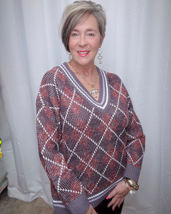 Burgandy Purple Mix Diamond Print Pattern Long Sleeve VNeck Sweater