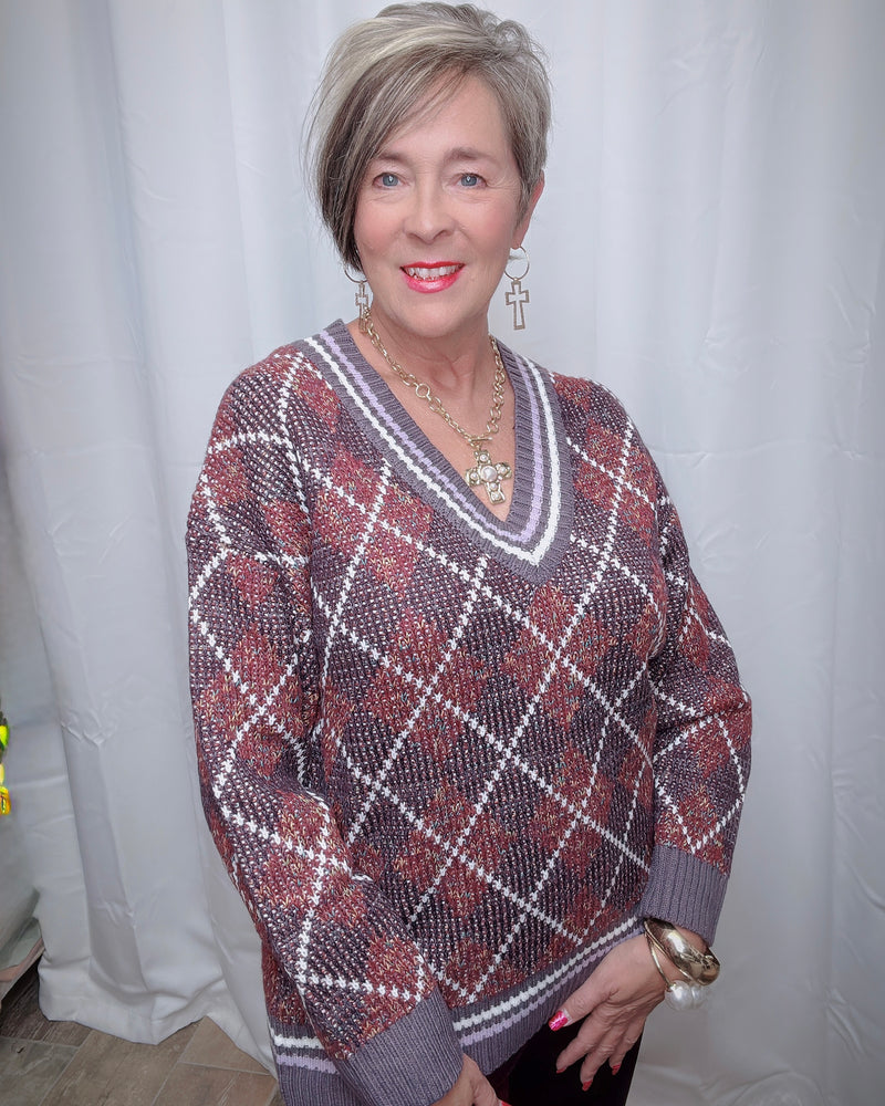 Burgandy Purple Mix Diamond Print Pattern Long Sleeve VNeck Sweater