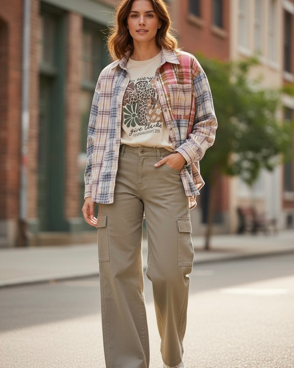 Khaki Wide Leg Cargo Style Button Waist Pants