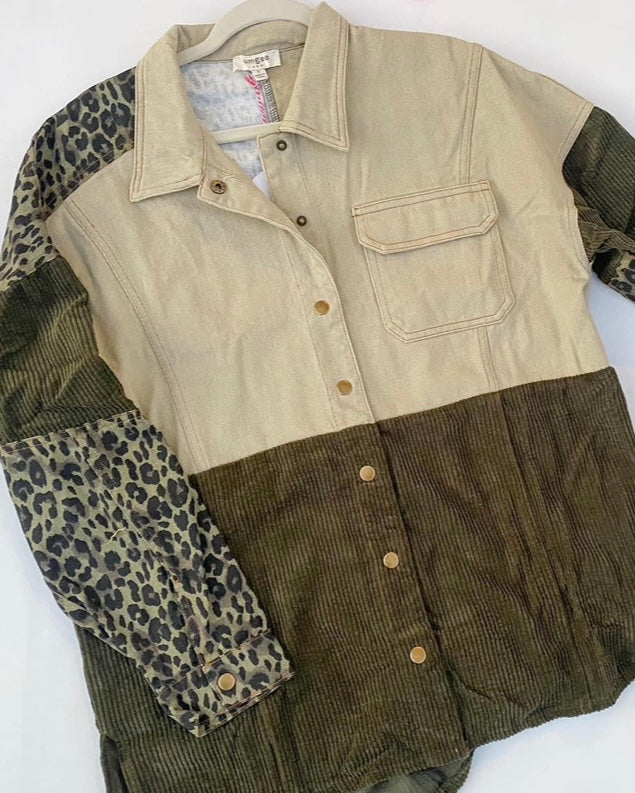 Brown, Cream & Olive Leopard Color Block Corduroy & Denim Style Mix Jacket Shacket