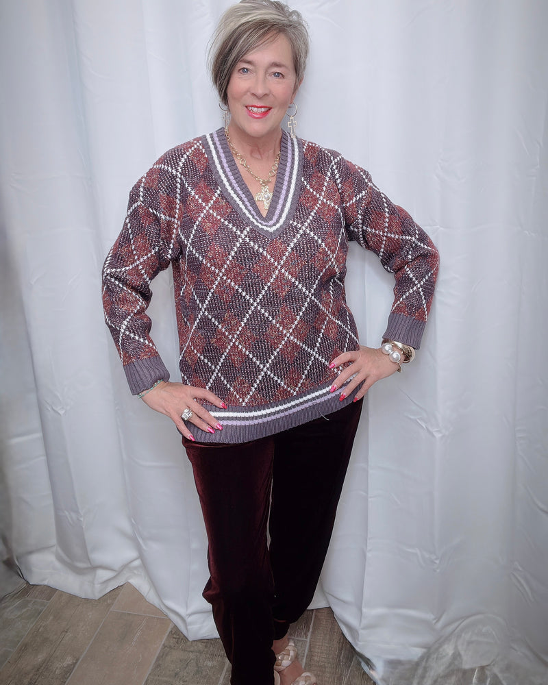 Burgandy Purple Mix Diamond Print Pattern Long Sleeve VNeck Sweater