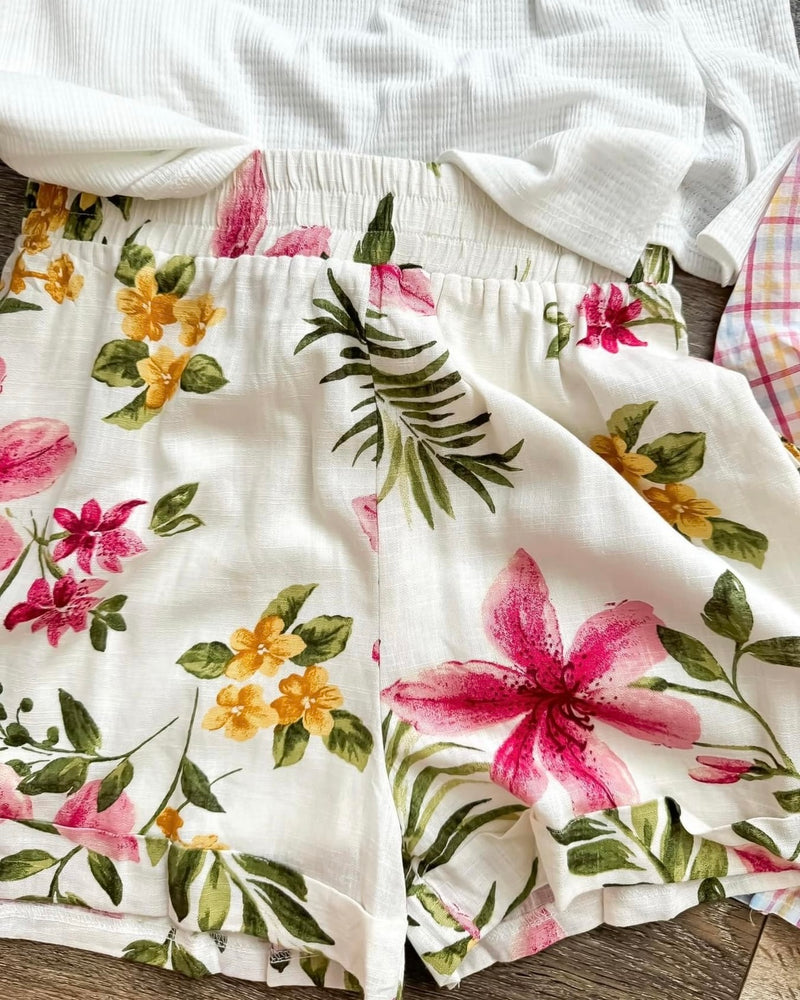 White Linen Blend with Pink Floral Print Tropical Shorts